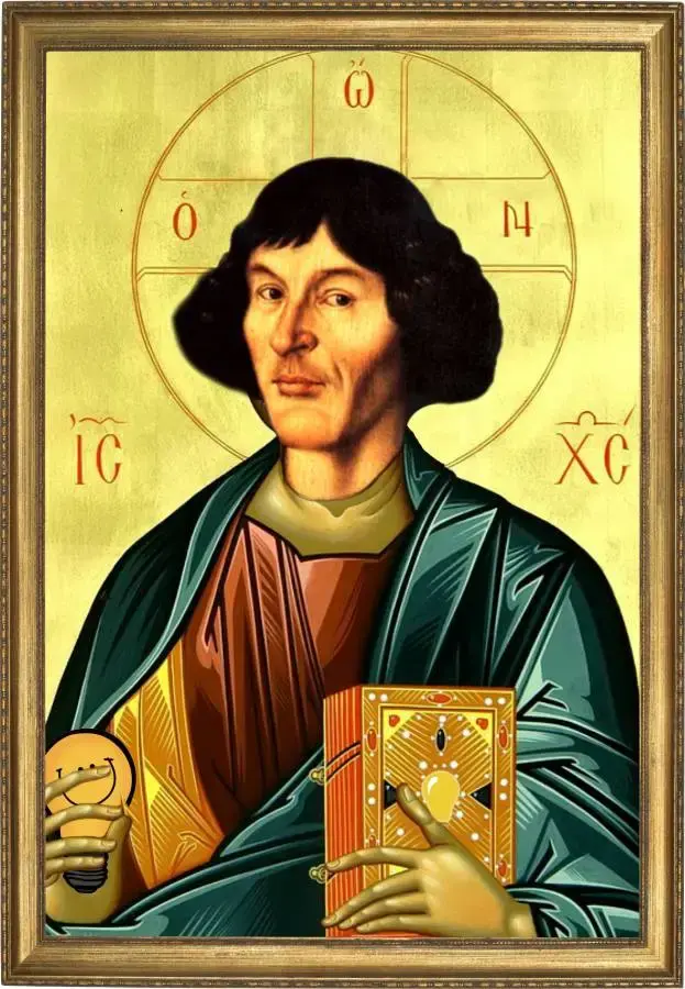 Copernicus depicted as an eastern orthodox christianity icon having a silly smiling lightbulb in his hand