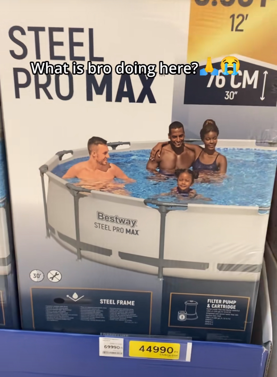 Photo of an above ground pool packed with a Black family and 1 seemingly random white guy with the caption “What is bro doing here?”