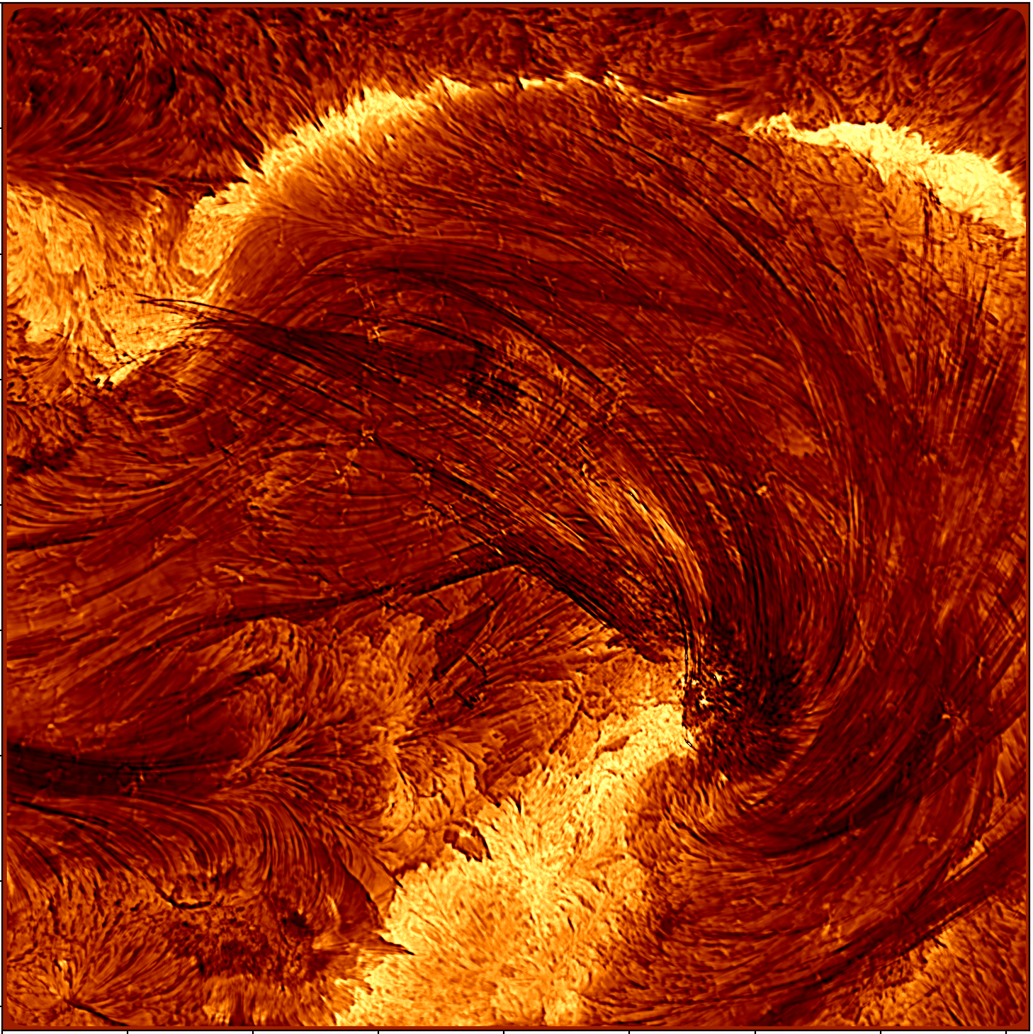 A high-resolution image of the flare from the Inouye Solar Telescope, taken on August 8, 2024, at 20:12 UT. The image is about 4 Earth-diameters on each side.